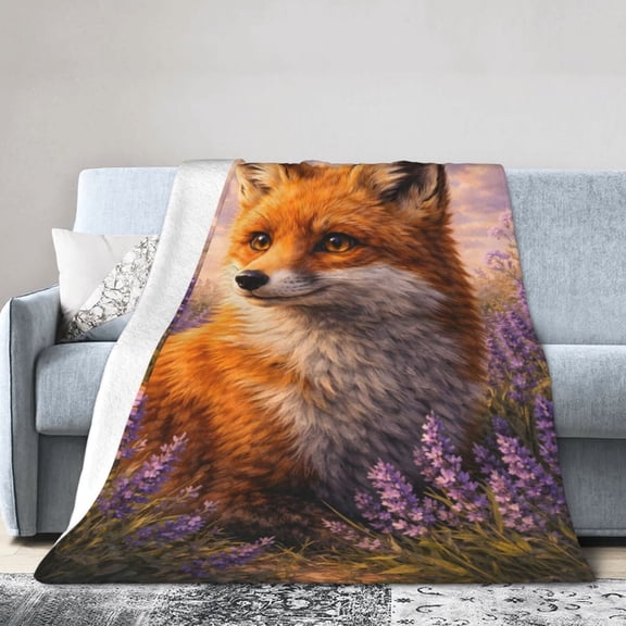 Fox Blanket Gift for Wildlife Lovers Fox Lavender Flowers Nature Home Decor 50x40