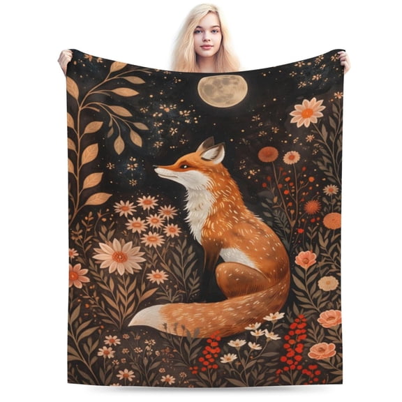 Fox Blanket for Boys Girls Kids, Flannel Throw Blanket, Floral Moon Fox Throw 50x40