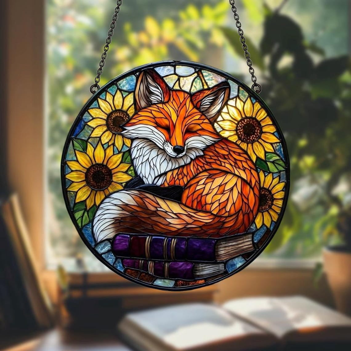 Fox Window Fox Book Lover Glass Suncatcher, Cozy Reading Fox Window Hanging ...