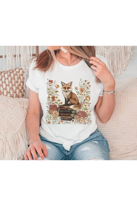 Fox and Book Shirt, Cute Flower Fox Shirt, Vintage Floral Cottagecore Shirt, Wildflower Meadow,Fairycore Tee,Forestcore TShirt,Botanical Fox Tshirt All Size S-5XL