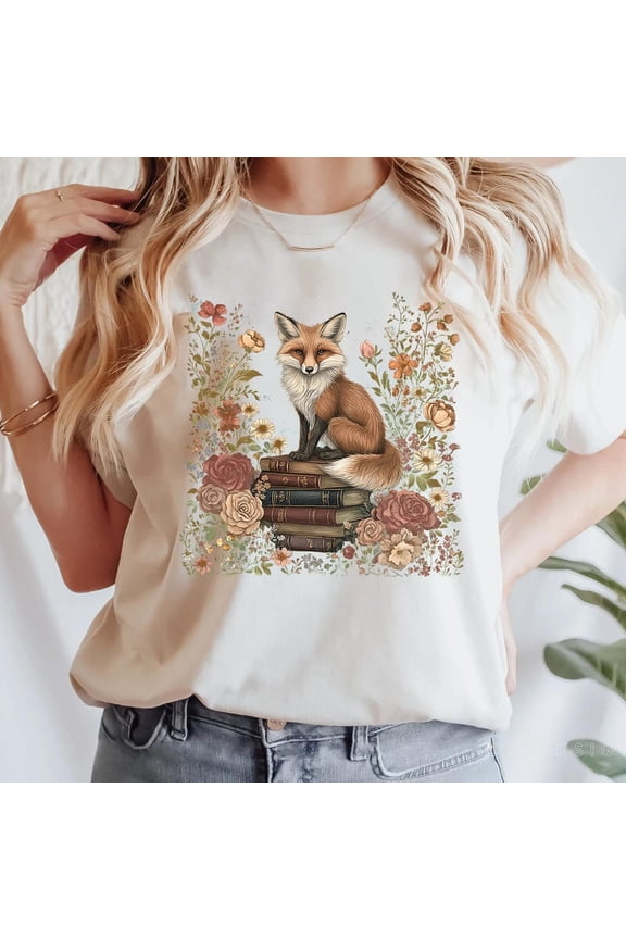 Fox And Book Shirt, Cute Flower Fox Shirt, Vintage Floral Cottagecore Shirt, Wildflower Meadow,Fairycore Tee,Forestcore Tshirt,Botanical Fox Birthday Gifts; For Men & Women