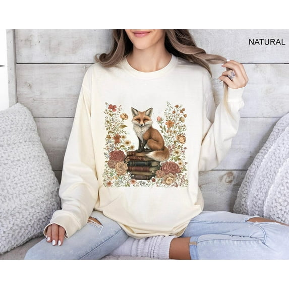 Fox and Book Sweatshirt, Cute Flower Fox Long Sleeve, Vintage Floral Cottagecore Shirt, Fairycore Tee, Forestcore Shirt, Botanical Fox Shirt Sweatshirt All Size S-5XL