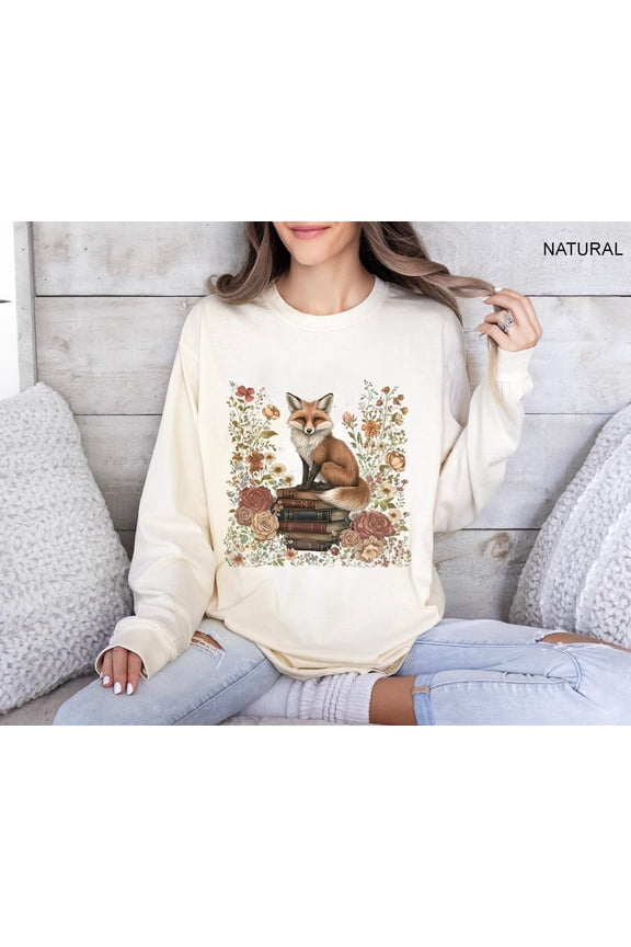 Fox and Book Sweatshirt, Cute Flower Fox Long Sleeve, Vintage Floral Cottagecore Shirt, Fairycore Tee, Forestcore Shirt, Botanical Fox Shirt Sweatshirt All Size S-5XL