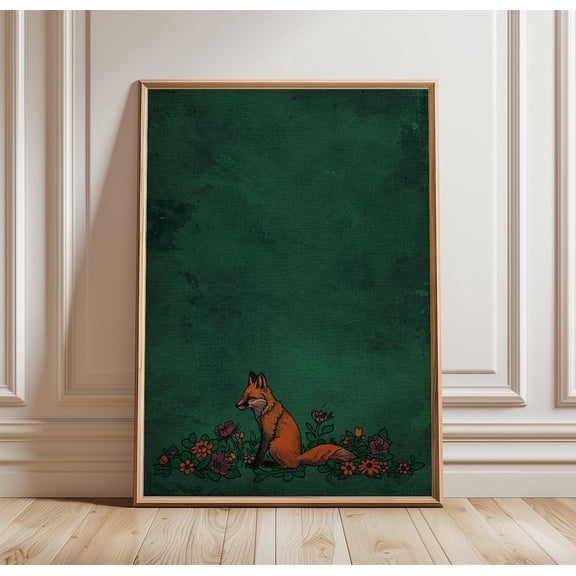 Fox Botanical Poster Dark Green Woodland Wall Art Moody Animal Art, Unframed Poster