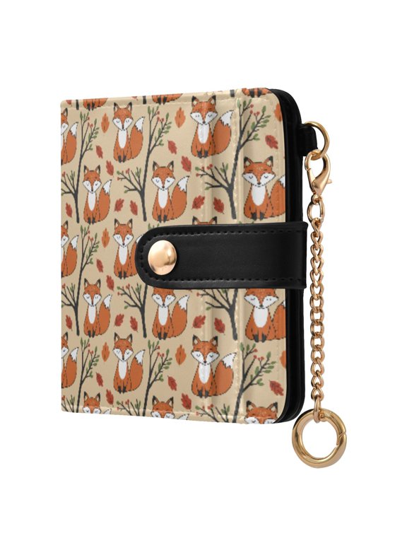 Fox Branches Arrangement Small Wallet for Women RFID Blocking Bifold PU Leather Credit Card Holder with Zipper Coin Pocket Compact Cute Travel Purse Magnetic Snap 7 Card Slots