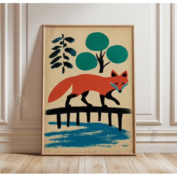 Fox Bridge Minimal Animal Art Scandinavian Style Nature, Unframed Poster