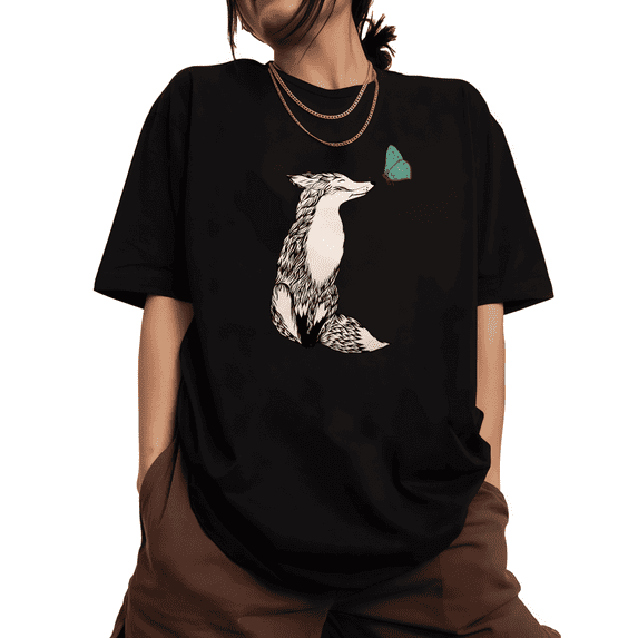 Fox Butterfly Art Graphic softness Tee T-Shirt Top Print Short Sleeve Round Neck Black S-5XL