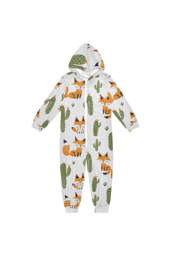 Fox Cactus One Piece Pajamas Soft Jumpsuit Cozy Sleep and Play Romper Zipper and Pockets 9Y-11Y