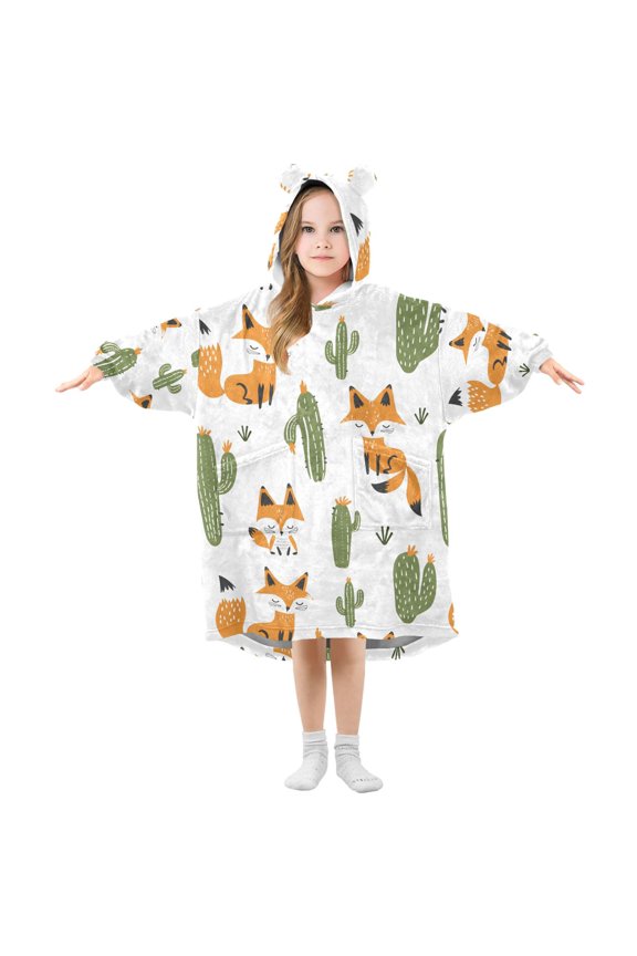 Fox Cactus Wearable Blanket Hoodie Oversized Flannel Soft Warm Cozy 3-14 Age Small
