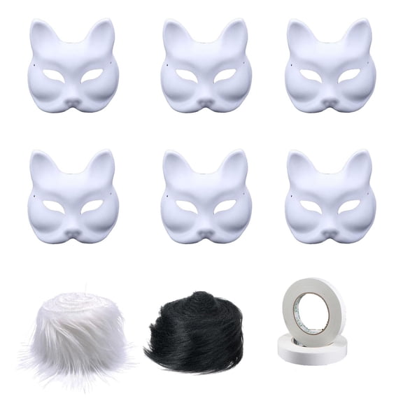 Fox Cat Masks with Fur,Paintable Therian Masks,6 Peice White Paper Masks Blank Face Masks for DIY Painting,Therian Mask Kit, Handicraft Half Face Animals Mask Accessories for Holiday Party