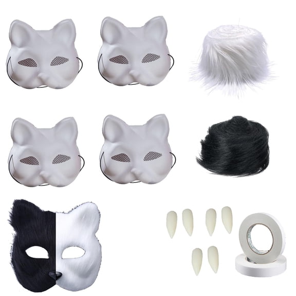 Fox Cat Masks with Fur and Teeth,Paintable Therian Masks,4 Peice White Paper Masks Blank Face Masks for DIY Painting,Therian Mask Kit, Handicraft Half Face Animals Mask Accessories for Holiday Party
