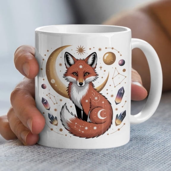 Fox Celestial Coffee Mug, Moon, Crtal, Astrology.