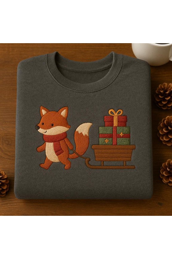 Fox Christmas Gifts Embroidered Sweatshirt, Cute Fox Sleigh Crewneck, Festive Animal Jumper, Holiday Fox Lover Gift