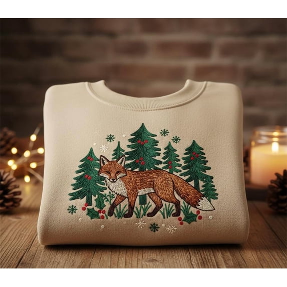 Fox Christmas Sweatshirt, Woodland Animal Embroidered Crewneck, Cozy Winter Holiday Pullover Sweater