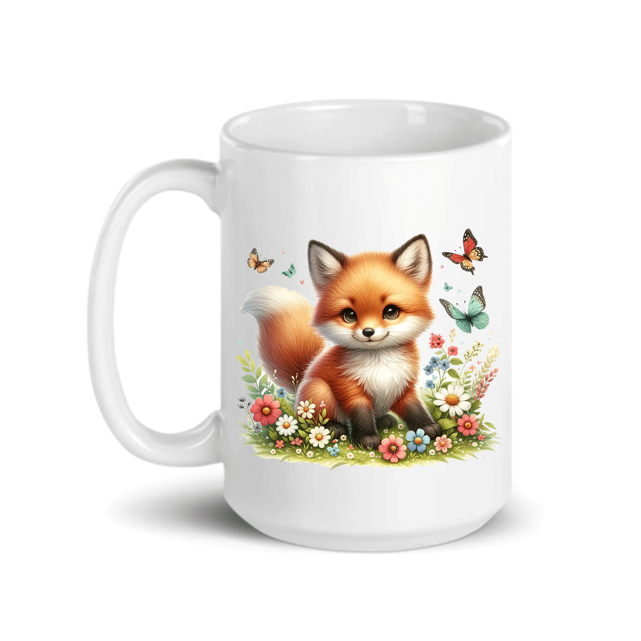 Fox Coffee Mug - 15 oz. White Ceramic Cup, Hand Printed with ...