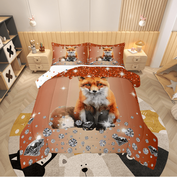 Fox Comforter Set Red Sequin Fluid Art Bed Set,Crystal Diamond King Bedding Set,Woodland Animals Duvet Insert Jungle Wildlife Room Decor
