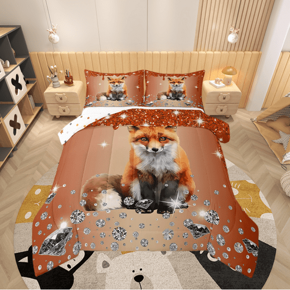 Fox Comforter Set Red Sequin Fluid Art Down Comforter,Crystal Diamond Twin Bedding Sets,Woodland Animals Duvet Insert Jungle Wildlife Room Decor