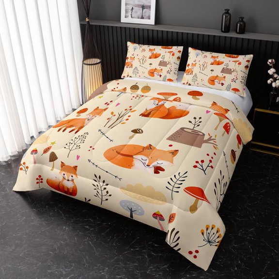 Fox Comforter Set Twin Size, 3-Piece Cute Animal Bedding with 2 Pillowcases for Kids Bedroom