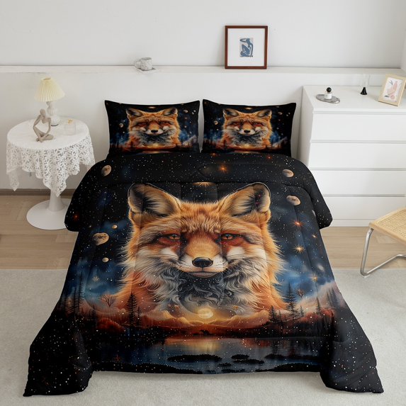 Fox Comforter Set Galaxy Stars Moon King Bedding Set,Jungle Woodland Animals Quilt Exotic Wildlife Duvet Insert,Boho Decor
