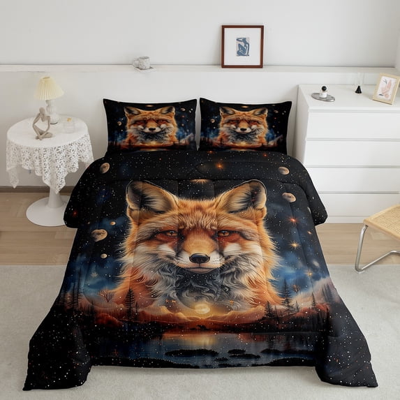 Fox Comforter Set Galaxy Stars Moon Queen Bedding Sets,Jungle Woodland Animals Quilt Exotic Wildlife Duvet Insert,Boho Decor