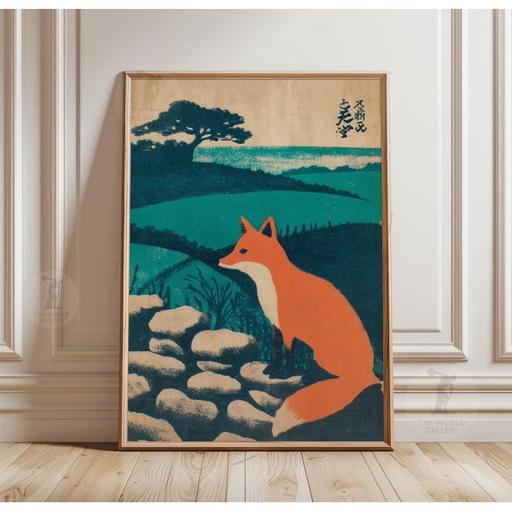 Fox Countryside Poster Teal Landscape Art Japanese Style Wall Art, Unframed Poster