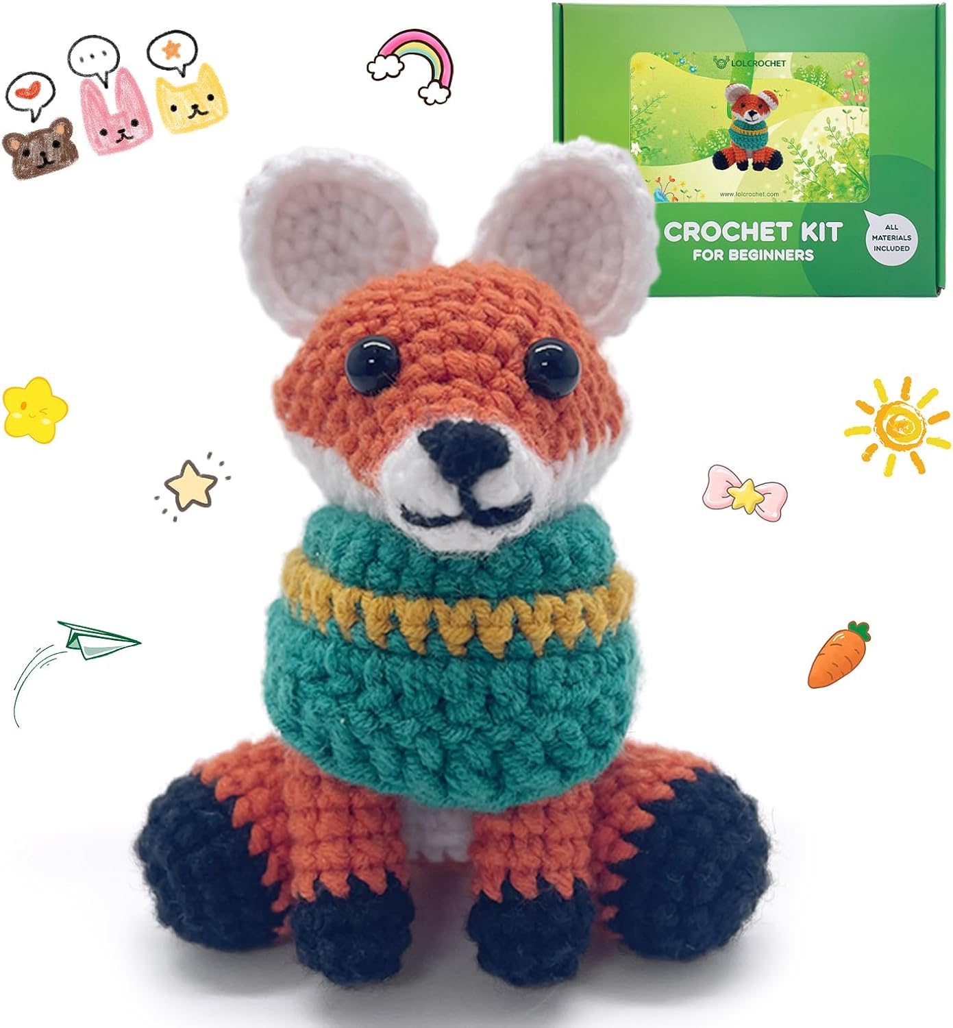 Fox Crochet Kit for Beginners Intermediates, 2 Pcs Animals Amigurumi Crochet Starter Kit with Step-by-Step Video Tutorial, Easy Knitting Set for Adult Crocheting Doll Xmas Gift