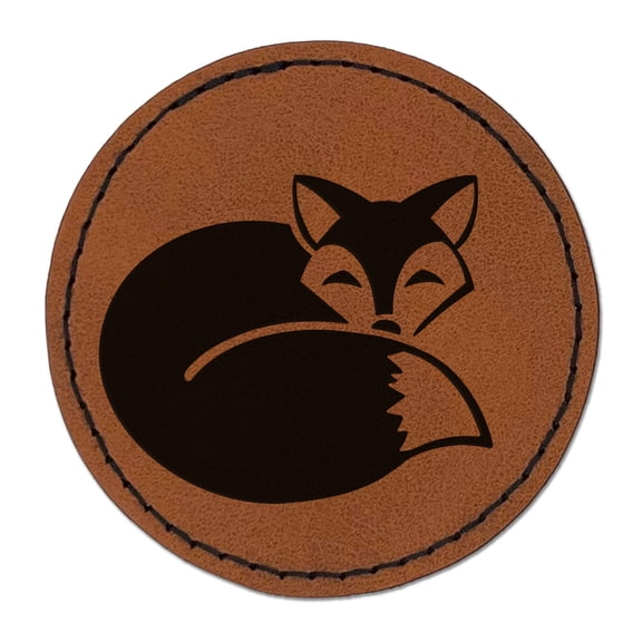 Fox Curled Up Sleeping 2.5" Faux Leather Round Engraved Iron-On Patch - Brown