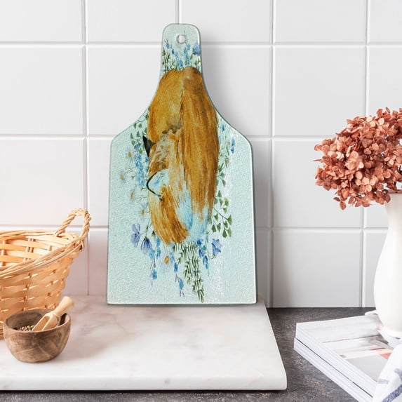 Fox Cutting Board, Sleeping Fox in Watercolors Hand Drawn Fresh Wild Flowers Blossoms Art, Tempered Glass Cutting and Serving Board, Wine Bottle Shape, Orange Blue Olive Green, by Ambesonne