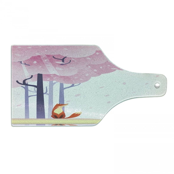 Fox Cutting Board, Spring Inspired Composition Pink Sakura Tree Falling Leaves Idyllic, Decorative Tempered Glass Cutting and Serving Board, Wine Bottle Shape, Pale Pink Lavender, by Ambesonne