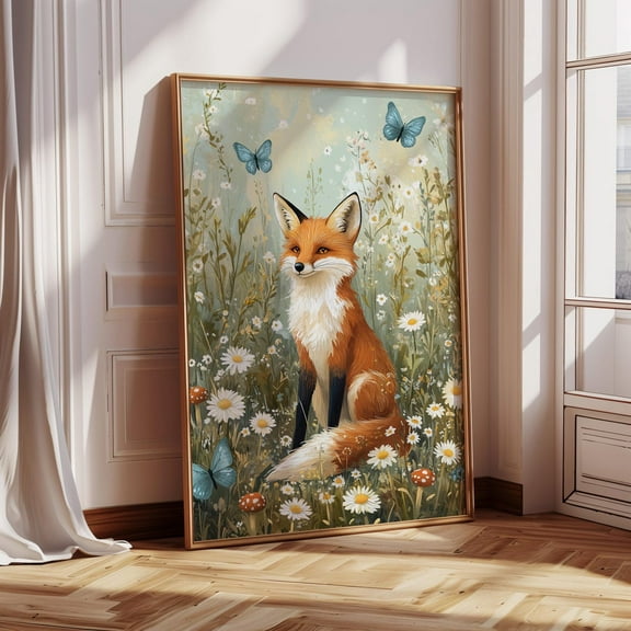 Fox In Daisy Meadow Art Print – Cute Woodland Animal Illustration With Butterflies, Whimsical Forest Nursery Wall Decor Wall Art, Modern Wall Decor, 8x12 UNFRAMED