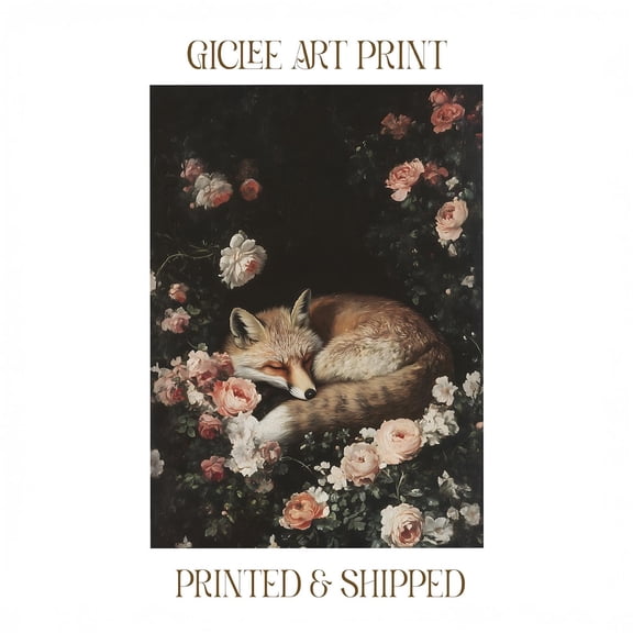 Fox Dark Academia Art Red Fox Poster Dark Floral Wall Art Moody Gallery Wall Decor Vintage Fox Shabby Chic Decor For Moody Bedroom, 24x36 UNFRAMED