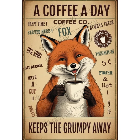 Fox Decor Coffee A Coffee A Day Keeps The Grumpy Away Vintage Aluminum Sign,12x8 inches, Home Decor, Funny Wall Decor for Home Office Kitchen Cafes Decor