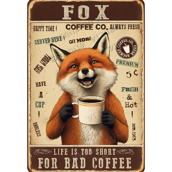 Fox Decor Coffee Life is Too Short for Bad Coffee Unique Aluminum Sign,12x8 inches,Funny Animal Decor, Home Wall Decor for Cafes Coffee Shop Club Decor,Housewarming Gifts
