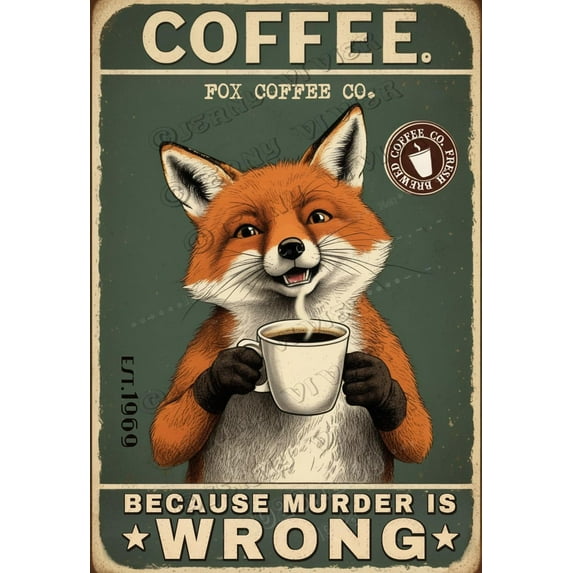 Fox Decor Coffee Because Murder is Wrong Retro Aluminum Sign,12x8 inches, Coffee Bar Tin Sign, Funny Wall Decor for Kitchen Cafes Coffee Shop Decor,Sign Gifts
