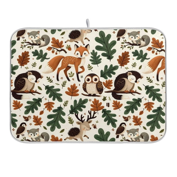 Fox Deer Hedgehog Leaf Dish Drying Mat 16x18 Absorbent Microfiber Draining Rack Pad for Kitchen Counter Sink