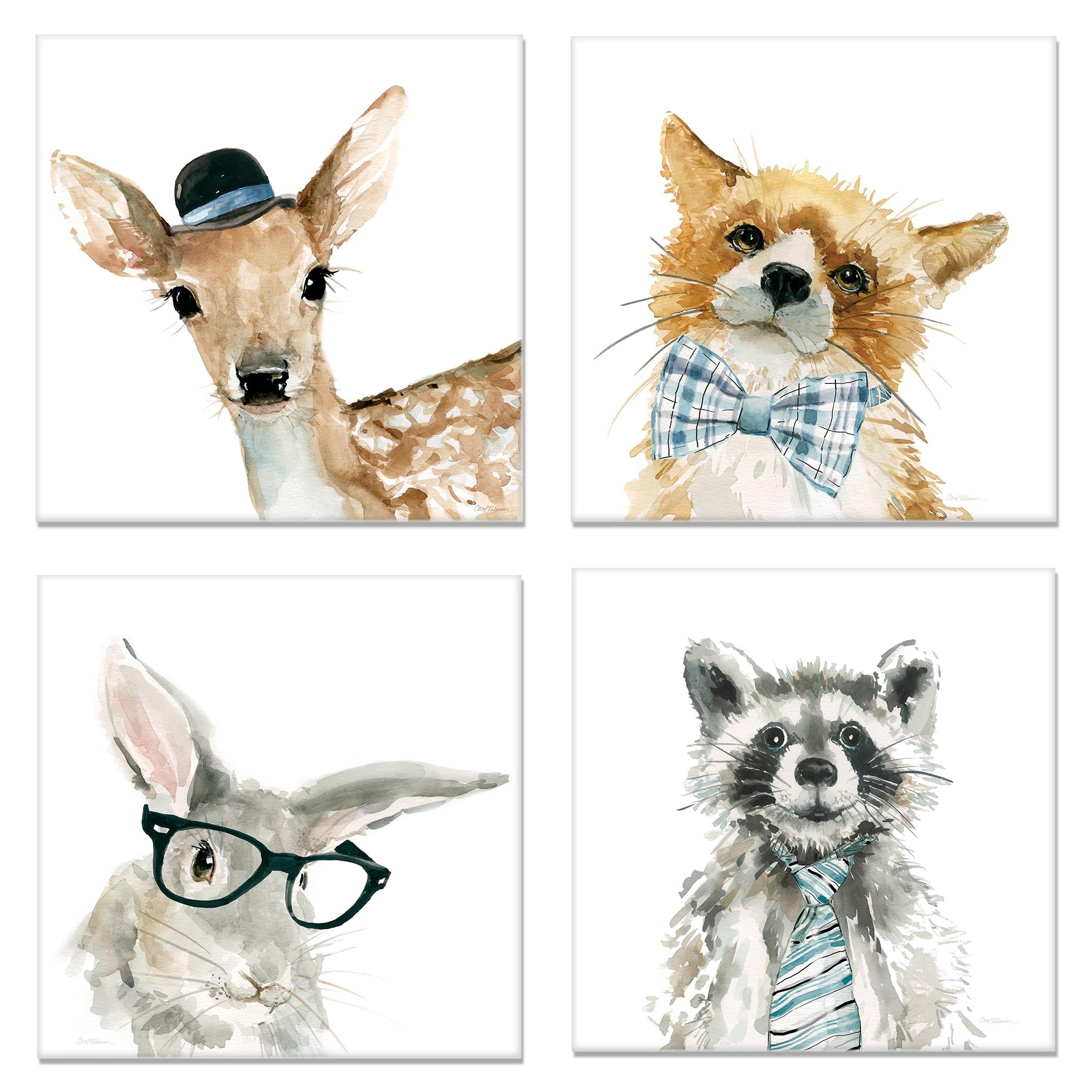 Fox Deer Rabbit Raccoon by Carol Robinson Wrapped Canvas Art Print Set of 4