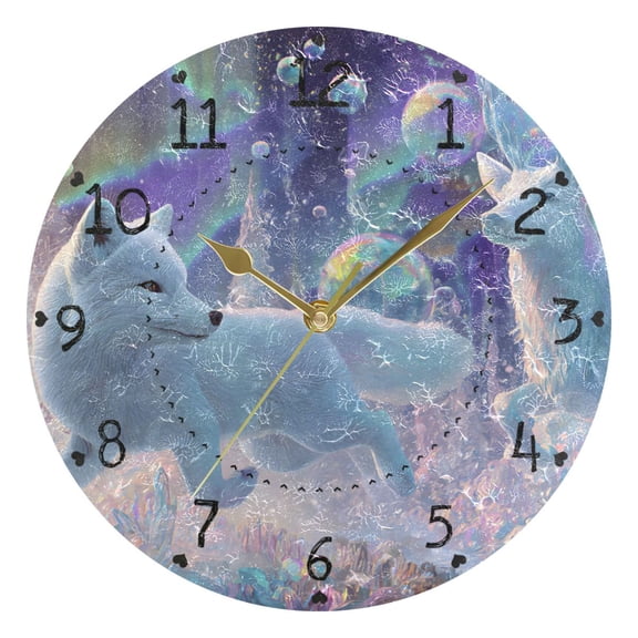 Fox Deer Running Dreamy Land Round Wall Clock Silent Analog Battery Operated Gold Pointer Home Decor 9.84" Diameter