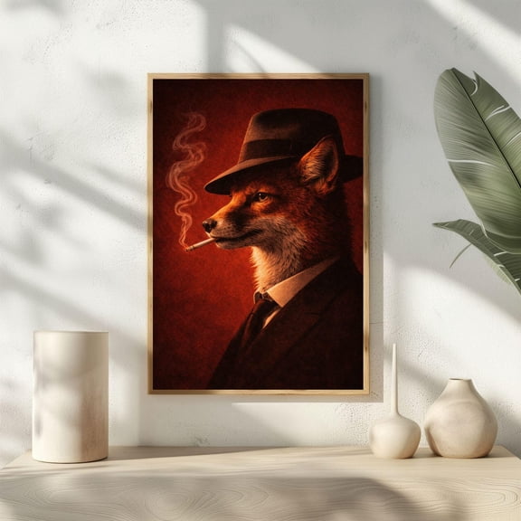 Fox Detective Noir Art Vintage Anthropomorphic Dark Academia Decor Smoking In Suit Mystery Animal Art Man Cave Poster Wall Art Print