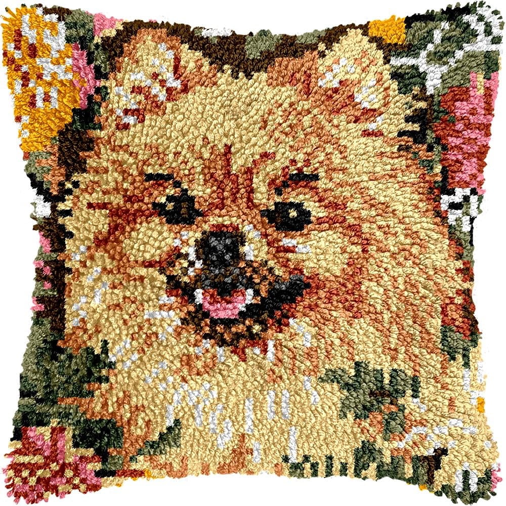 Fox Dog Latch Hook Pillow Kits for DIY Throw Pillow Cushion Embroidery Latch Hooking Pillowcase Kits with Preprinted Canvas Crochet Yarn Kits for Home Decor 17''X 17''(d192)