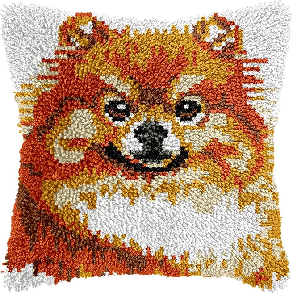 Fox Dog Latch Hook Pillow Kits for DIY Throw Pillow Cushion Embroidery Latch Hooking Pillowcase Kits with Preprinted Canvas Crochet Yarn Kits for Home Decor 17''X 17''(d328)
