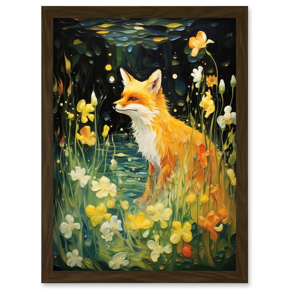Fox Dream Floral Yellow Oil Painting Orange White Dreamscape of Lily Flowers in Spring Artwork Framed Wall Art Print A4