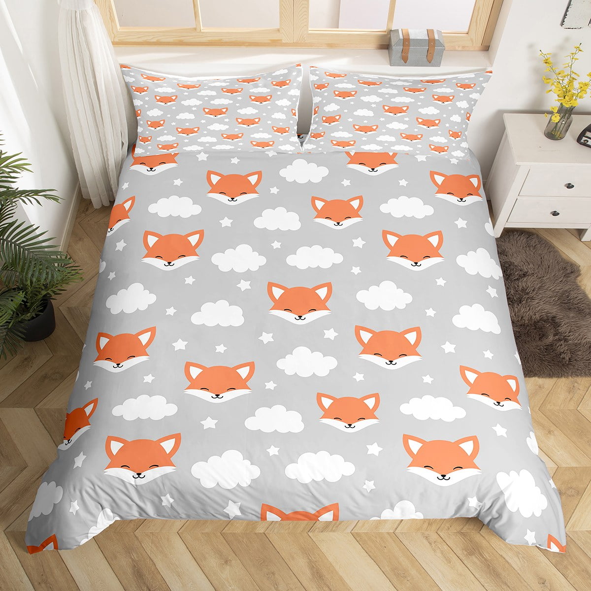Fox Duvet Cover Full Size,Rustic Farmhouse Animal Bedding Set Kawaii