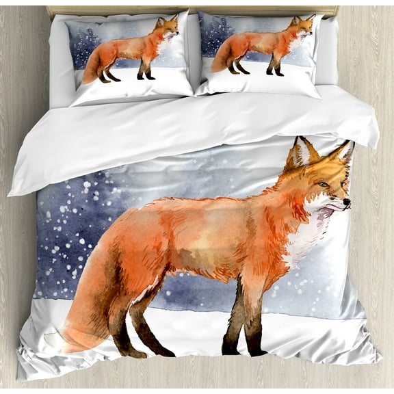 Fox Duvet Cover Set, Animal Side View Painting on Winter Snowing Backdrop, Decorative 3 Piece Bedding Set with 2 Pillow Shams, Calking Size, Indigo Burnt Orange, by Ambesonne