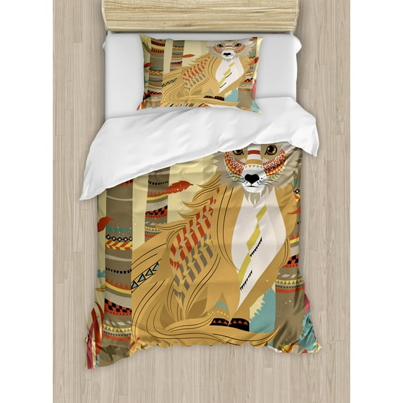 Fox Duvet Cover Set, Animal Theme a Fluffy Wild Fox in the Forest and Tree Trunks Design Pattern Print, Decorative 2 Piece Bedding Set with 1 Pillow Shams, Twin Size, Pale Coffee, by Ambesonne