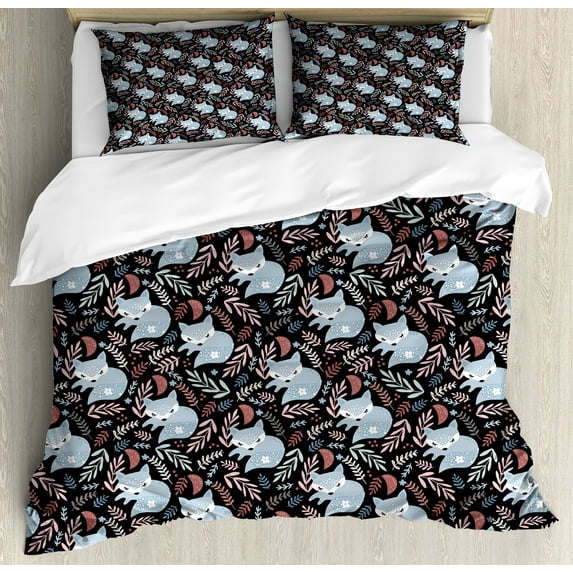 Fox Duvet Cover Set, Continuous Pattern with Creative Leafy Branches and Sleeping Animal, Decorative 3 Piece Bedding Set with 2 Pillow Shams, King Size, Charcoal Grey Multicolor, by Ambesonne