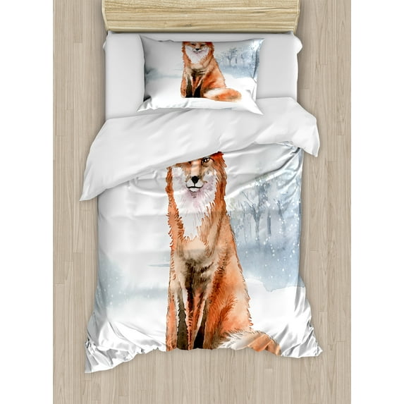 Fox Duvet Cover Set, Fine Art Winter Design Watercolor Drawing of Animal, Decorative 2 Piece Bedding Set with 1 Pillow Shams, Twin Size, Blue Grey Burnt Orange, by Ambesonne