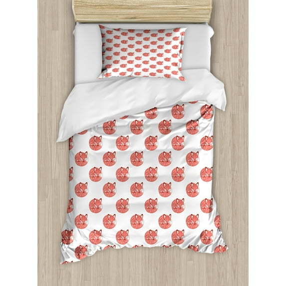 Fox Duvet Cover Set, Forest Animal with the Printed Illustration Woodland Theme, Decorative 2 Piece Bedding Set with 1 Pillow Shams, Twin Size, Dark Salmon Paprika, by Ambesonne