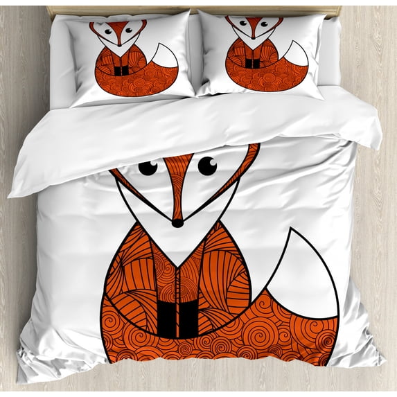 Fox Duvet Cover Set King Size, Cartoon Young Fox Character with Spiral Patterns Cute Friendly Charming, Decorative 3 Piece Bedding Set with 2 Pillow Shams, Dark Orange Black White, by Ambesonne