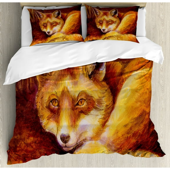 Fox Duvet Cover Set, Monochromatic Fox Resting Painting Style Display Vibrant Animal Art, Decorative 3 Piece Bedding Set with 2 Pillow Shams, King Size, Burnt Sienna Orange, by Ambesonne