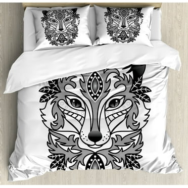 Fox Duvet Cover Set, Ornamental Fox Face with Tree Leaves Oval Shapes Dots Floral Curves Art Print, Decorative 3 Piece Bedding Set with 2 Pillow Shams, Calking Size, Grey Black White, by Ambesonne